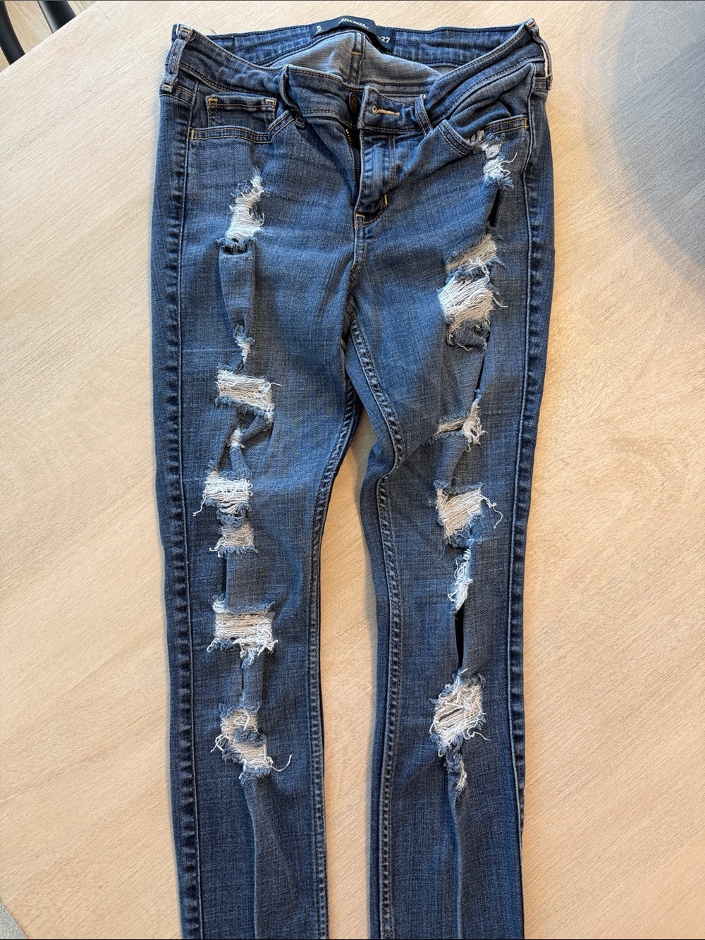 Hollister Women's Ripped Skinny Jeans - Dark Blue Denim